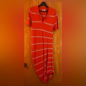 Top shop red jersey knit short sleeved dress - thin stripes & asymmetrical hem